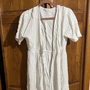 White Striped Short Sleeve Open Front Dress